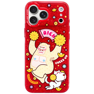 RICH!啦啦队o^^o极光士多原创适用苹果17Promax亮面闪粉爱插画手机壳iPhone16pm保护套新年红色手机套光面