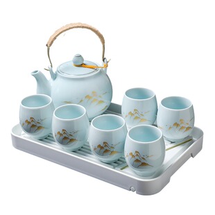 小清新青瓷提梁壶功夫茶具套装中式现代简约大号家用送礼茶壶茶杯