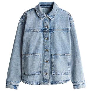 HM女装衬衫春季波嬉风穿搭斜纹布外套式牛仔上衣1264174