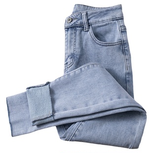 2025年秋冬加绒八分软牛仔小脚裤女生浅蓝色弹力包身小个子铅笔裤