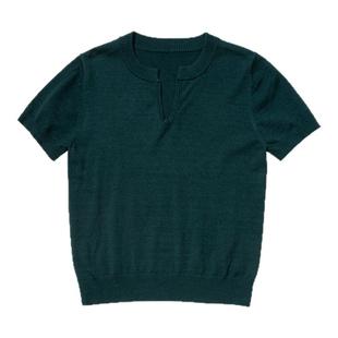 CountryMoment 桑蚕丝羊毛混纺基础V领针织短袖女修身显瘦正肩T恤