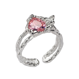 铜镀银戒指女爱心粉钻戒指女小众设计高级感开口尾戒指环素圈轻奢