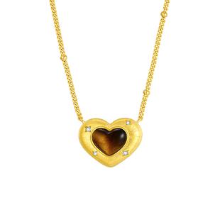 周大生DC甜心黑巧项链纯银爱心虎眼石木变石轻奢情人节礼物送女友