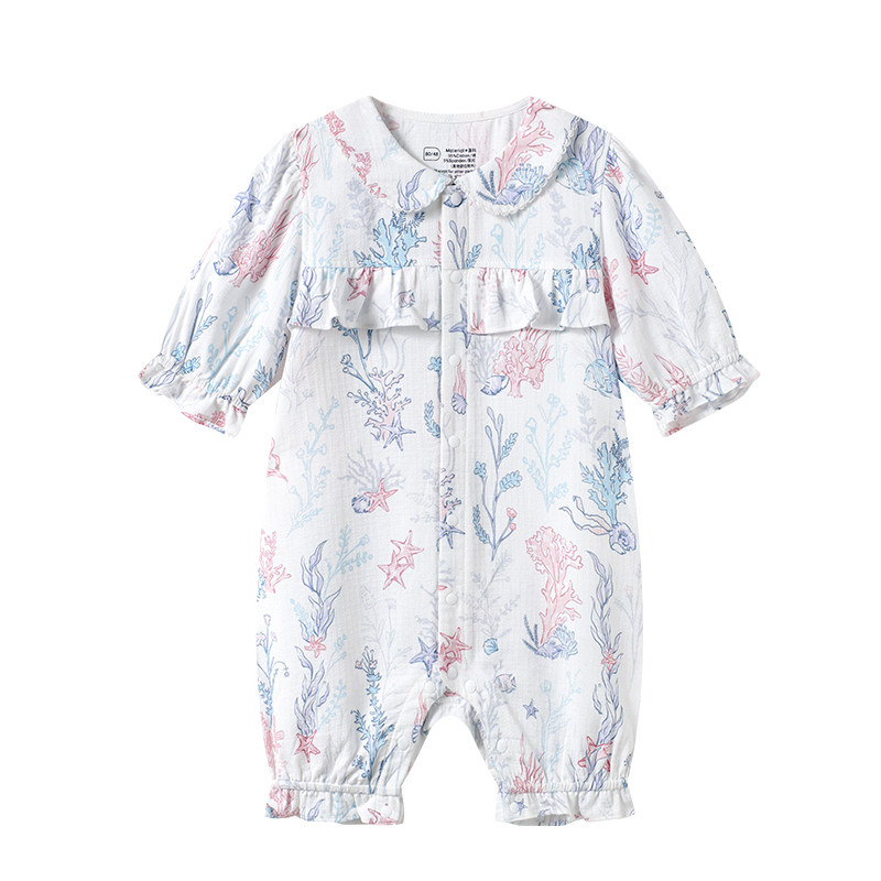 Domiamia婴儿爬服七分袖连体衣纱布女宝宝衣服夏季薄款婴幼儿哈衣