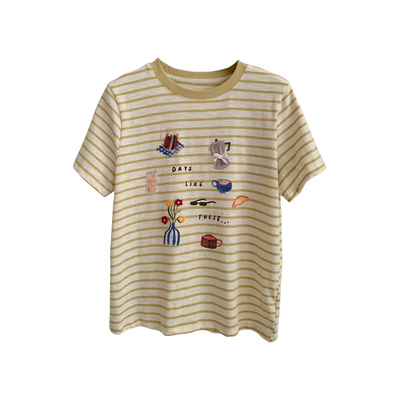 花花家韩系小清新黄条纹短袖T恤女卡通印花串珠夏季新款休闲上衣