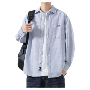 WAJ 2025秋季纯棉浅蓝色竖条纹长袖衬衫男潮流宽松休闲痞帅衬衣