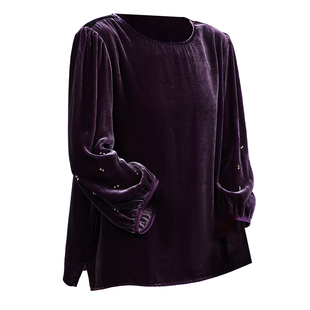 重磅真丝绒t恤女2025秋冬新长袖植绒显瘦淑女设计纯色桑蚕丝上衣