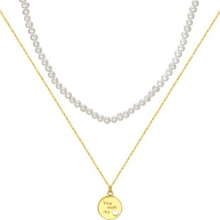 潮宏基至简S925银仿珍珠项链颈饰双层叠戴圆牌银饰情人节礼物百搭