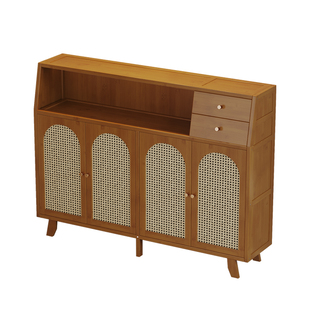 家用复古厨房餐边柜靠墙一体多层收纳储物柜多功能藤编门板置物架