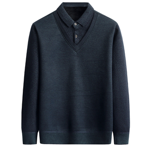 中年爸爸毛衣加绒加厚男士假两件保暖针织衫秋冬季中老年人爷爷装