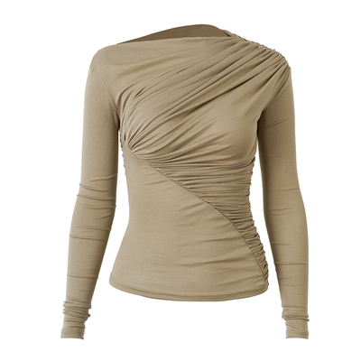 PynkiSwear藏青色/奶咖色莱赛尔一字领褶皱修身T恤显瘦打底衫上衣