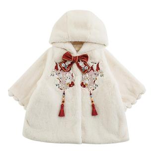 幼悠女童加绒加厚立体大蝴蝶结年服冬季毛绒外套中式福兔刺绣上衣