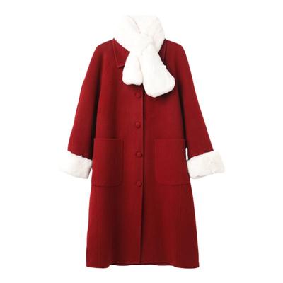 西町村屋獭兔毛撞色双面呢外套秋冬新款气质中长款大衣XH9D10077