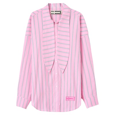 ALL BEINGS25AW秋季粉绿条纹领巾廓形抗皱长袖衬衫上衣女新款