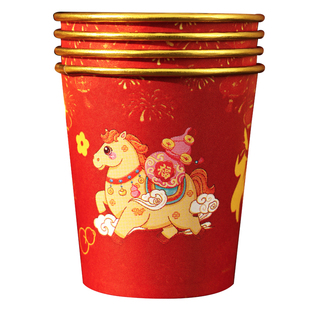 2026马年新款春节加厚纸杯一次性新年过年福字金箔杯子家用批发