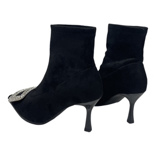 名媛风法式方扣水钻尖头高跟短靴女2025冬季细跟瘦瘦靴气质弹力靴