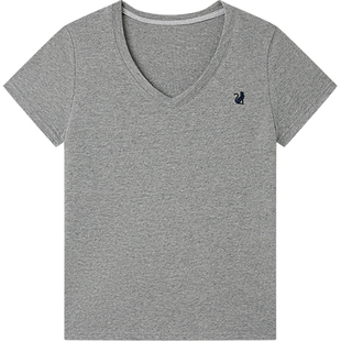 Halo Luu纯棉v领灰色短袖t恤女夏季2025新款刺绣宽松休闲正肩上衣