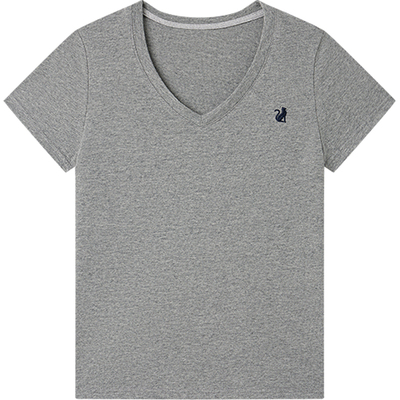 Halo Luu纯棉v领灰色短袖t恤女夏季2025新款刺绣宽松休闲正肩上衣