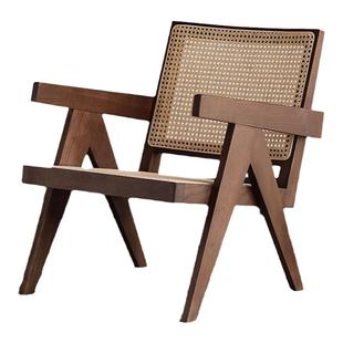 复古家用昌迪加尔单人沙发椅子民宿阳台躺椅酒店餐厅实木藤编椅子