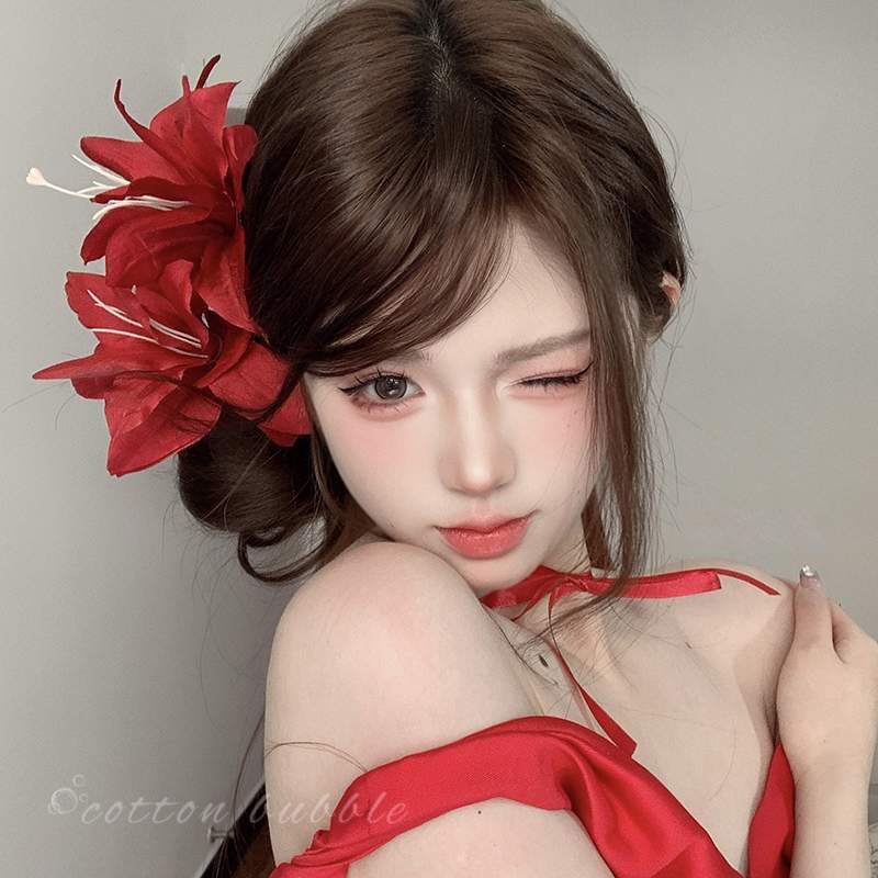 超仙红色覆古百合花发夹女新中式侧边彷真花朵头饰度假风假花发饰