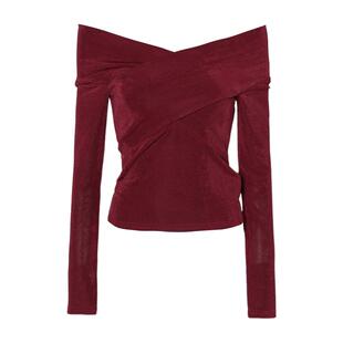 DPLAY秋季新款红色t恤女复古一字领露肩弹力修身长袖上衣