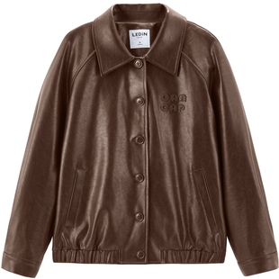 乐町MIU系复古衬衫式PU皮衣外套2025秋季新款字母贴布绣徽标夹克