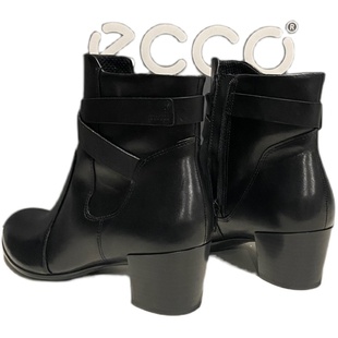 ECCO爱步女鞋黑色粗跟高跟圆头时装短靴273173型塑
