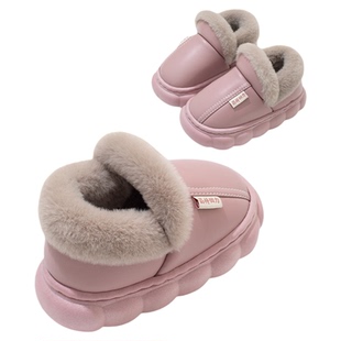 儿童棉拖鞋冬季皮面防水防滑男女童亲子室内休闲保暖小孩包跟棉鞋