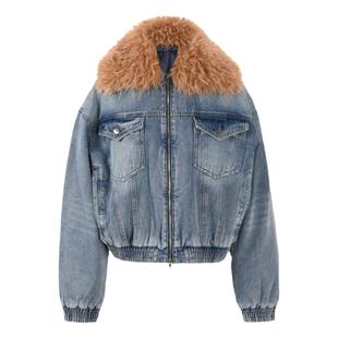 现货Blumarine 秋冬季复古翻领短款牛仔外套设计感可拆卸毛领夹克