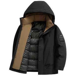 老人头90鸭绒羽绒服男款爸爸冬装外套中老年加厚保暖休闲连帽上衣