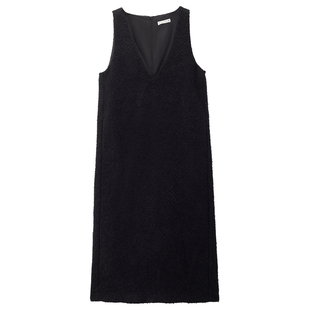 设计师款佐丹奴无袖裙子女肌理感黑色开叉V领背心连衣裙18465538