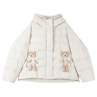 KEIKO 俏皮小熊口袋短款加厚棉服女25冬季可爱毛绒连帽棉袄面包服