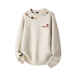 查尔斯桃心美式卡通印花圆领毛衣男女秋冬季宽松休闲保暖针织衫潮