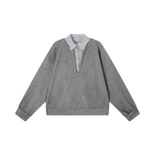 吴童童加绒翻领假两件长袖卫衣女秋冬韩系设计感宽松上衣长裤套装