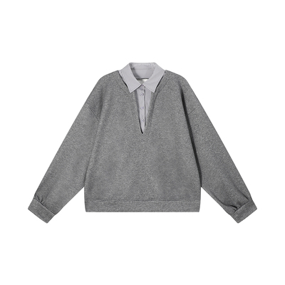 吴童童加绒翻领假两件长袖卫衣