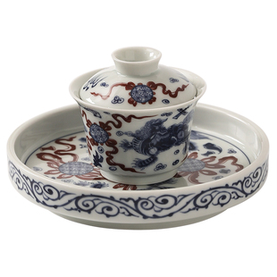 盖碗茶杯三件套景德镇老式高端悬停茶具套装一人泡茶马蹄青花茶碗