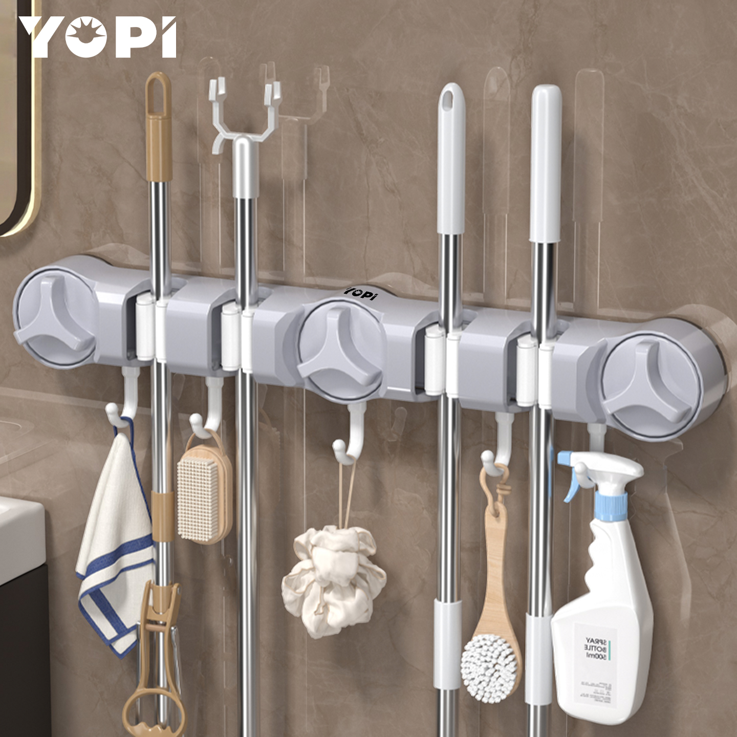 YOPI三吸盘拖把壁挂夹强力挂钩扫把拖布化妆室置物架免打孔拖把架