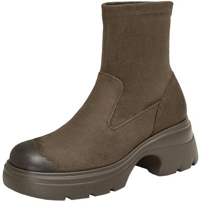 Tata他她棕色厚底弹力靴女靴子瘦瘦靴气质短靴新款袜靴7DK60DZ4