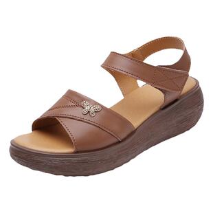 夏季真皮休闲中跟妈妈鞋舒适轻便休闲松糕凉鞋女软底防滑厚底凉拖