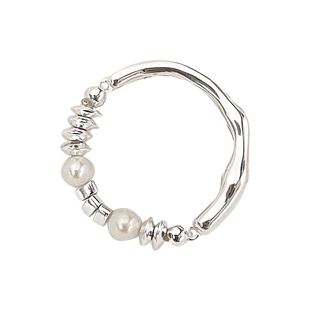 碎银子素圈戒指女小众设计拼接珍珠戒指女时尚个性尾戒弹力绳指环