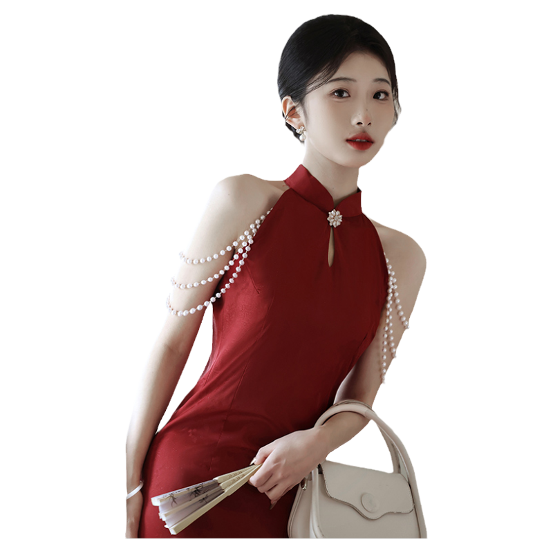晨袍女新娘旗袍红色小个子连衣裙挂脖敬酒服订婚礼服裙新中式婚服