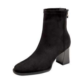 爆款超火绒面粗跟高跟鞋小短靴女2025秋冬款切尔西5cm瘦瘦靴加绒