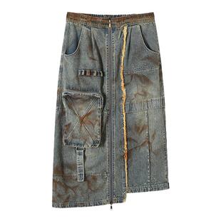 BAK原创设计水洗做旧套色牛仔半身裙朋克街头女中长款工装休闲裙