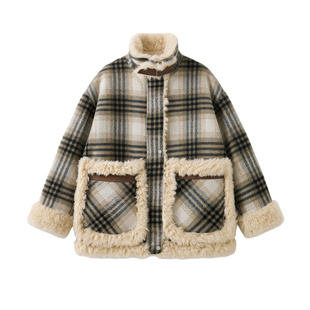 300斤大码格纹拼接加厚羊羔毛棉服女胖mm学院风宽松百搭保暖外套