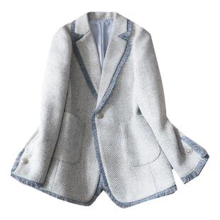 2025春经典编织花呢蓝色彩点拉须设计感通勤OL早春新款西装外套女