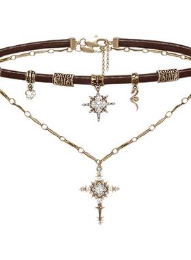 甜酷美拉德皮革星芒十字项链圈