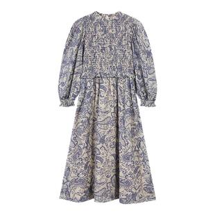 tanni早春新款优雅复古印花司马克长袖直筒h形连衣裙TO11DR030A