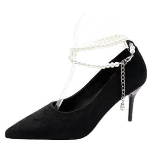 2025秋冬新款珍珠链黑色高跟鞋女细跟超美18岁成人礼配裙子单鞋女