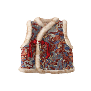 拜年服男童马甲加绒夹棉女童唐装马夹儿童龙年新年过年服宝宝背心