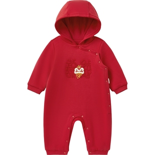 英氏婴儿衣服春秋季加绒男宝宝连体衣国风新年拜年服春季喜庆红色